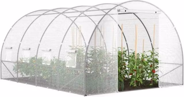 Serra da giardino a tunnel IDMarket in acciaio zincato con telo anti-UV bianco, porta e finestre, L: 4 m, P: 3 m, H: 2 m