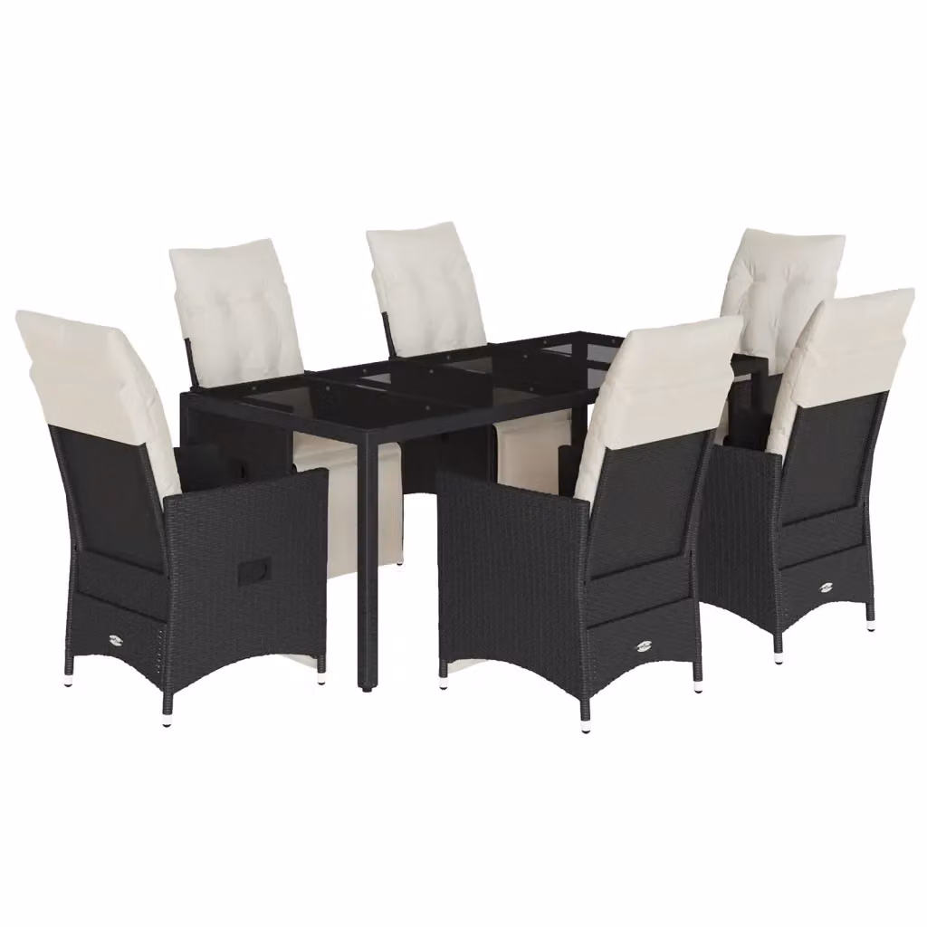 vidaXL Set da Pranzo da Giardino 7 pz in Polyrattan Nero con Cuscini e Tavolo in Vetro – 2