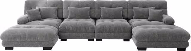 Divano angolare modulare a forma di U 4 posti in chenille grigia con pouf mobile