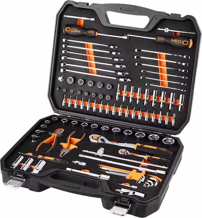 NEO TOOLS Valigetta porta attrezzi da 95 pezzi: set professionale di chiavi a bussola con cricchetto 90T, set di chiavi a forchetta, inserto in EVA, valigetta per cricchetti per auto