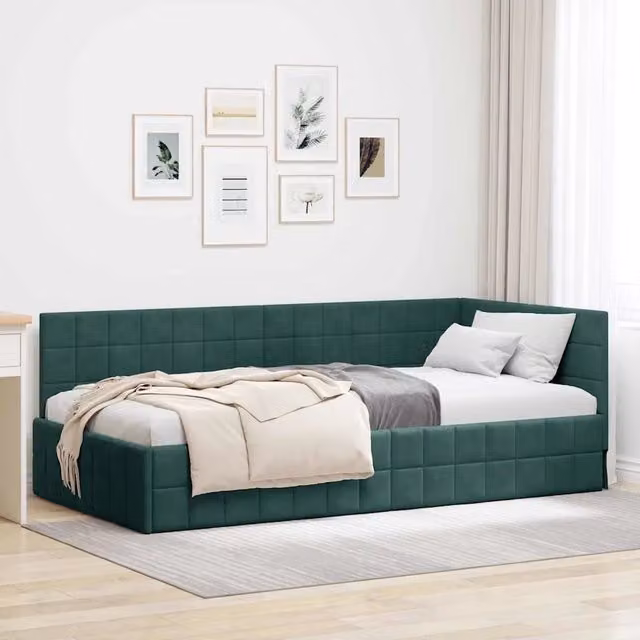 Chaise longue asimmetrica moderna vidaXL in velluto verde con struttura in legno e metallo L: 194 cm, P: 140 cm, H: 94 cm – 1