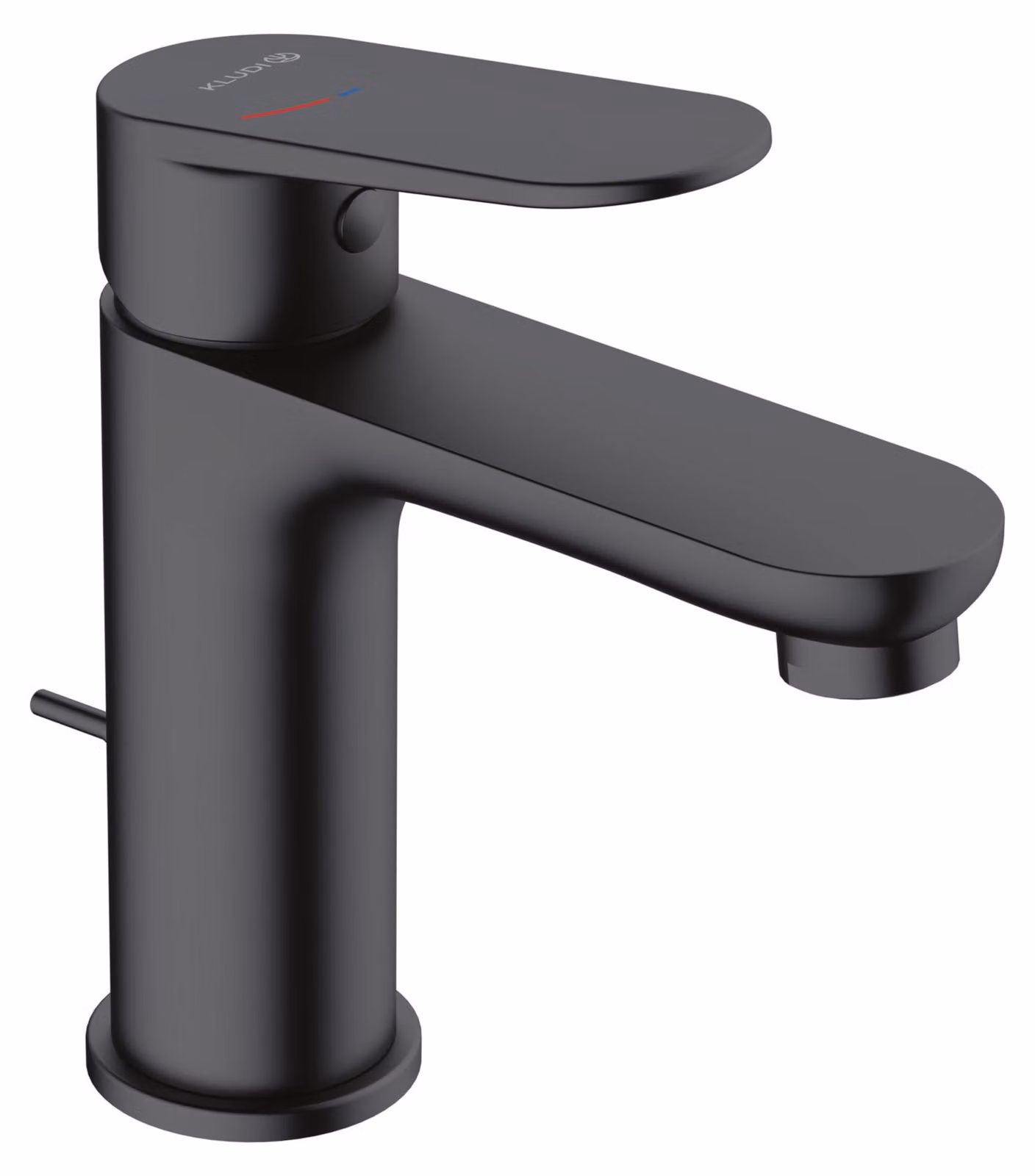Miscelatore per lavabo KLUDI-X1, finitura nera opaca, con piletta di scarico a tiro e sistema di risparmio idrico