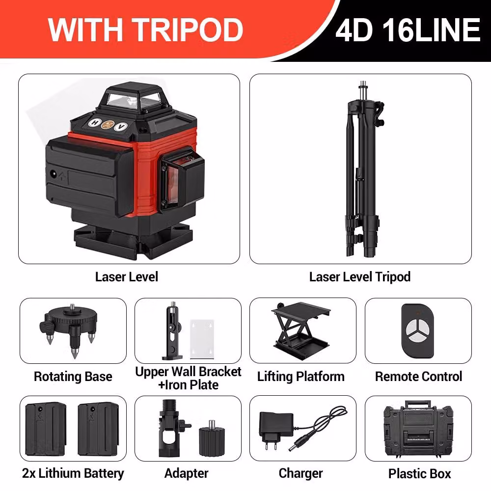 Livella laser 4D con 16 linee - Laser automatico orizzontale e verticale - Colore: rosso - Accessori completi inclusi - Batteria inclusa