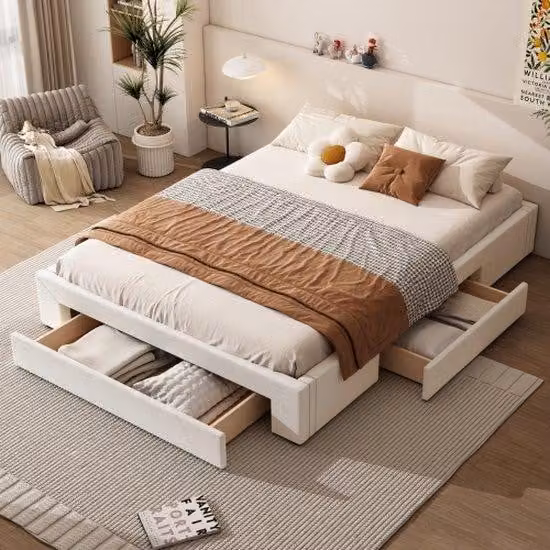 Letto 160x200 cm, 3 cassetti, senza testiera, beige