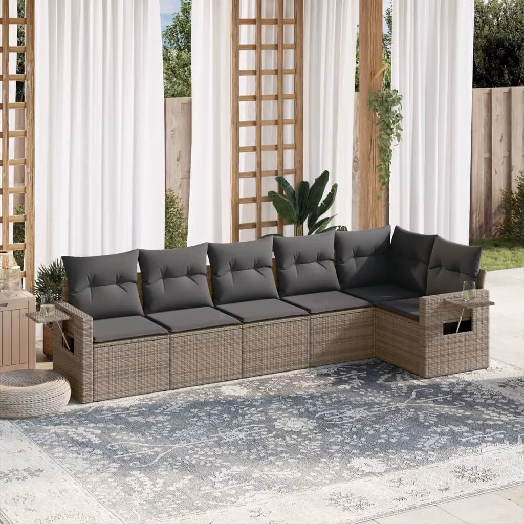 vidaXL Set Divano da Giardino a L in Polyrattan Grigio con 6 Cuscini Imbottiti e Tavolino – 1