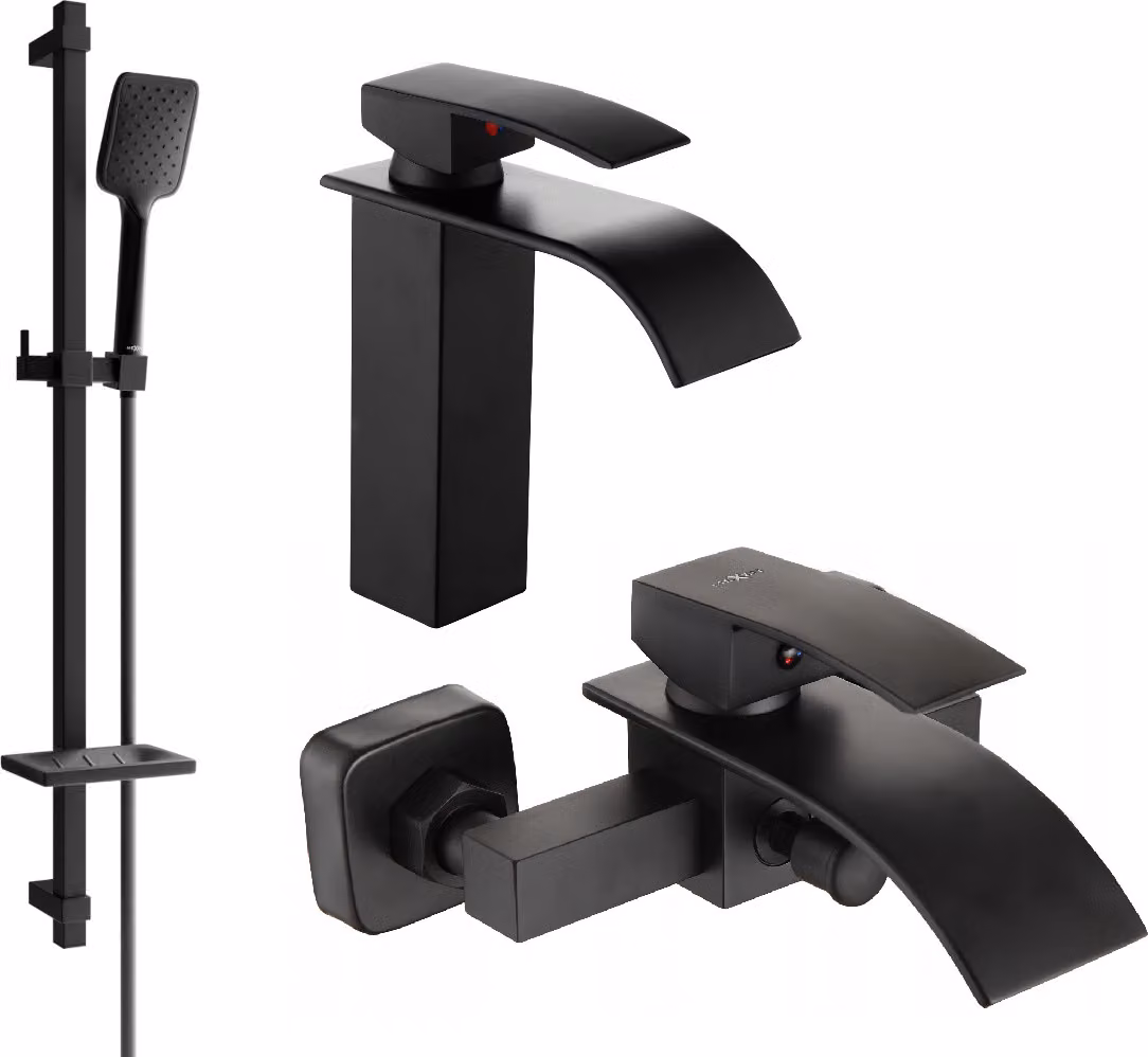 Set di miscelatori MEXEN ARIES III miscelatore per lavabo + miscelatore per vasca con doccia nero