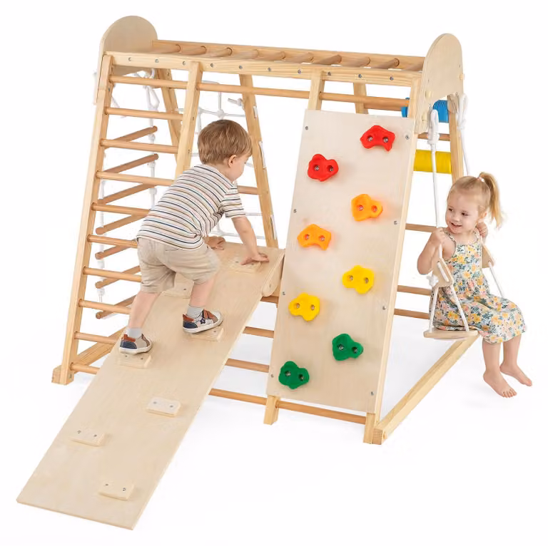 COSTWAY, struttura gioco multifunzione in legno (8 in 1), set pieghevole con struttura per trave, scaletta, rampa, rete, corda, scala e altalena