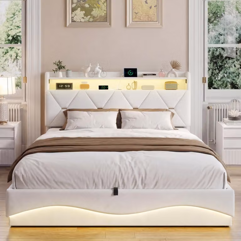 Letto imbottito ProximaX 160x200 cm beige con illuminazione a LED e porta USB-C – Vano contenitore idraulico, tessuto in velluto, struttura letto con testiera