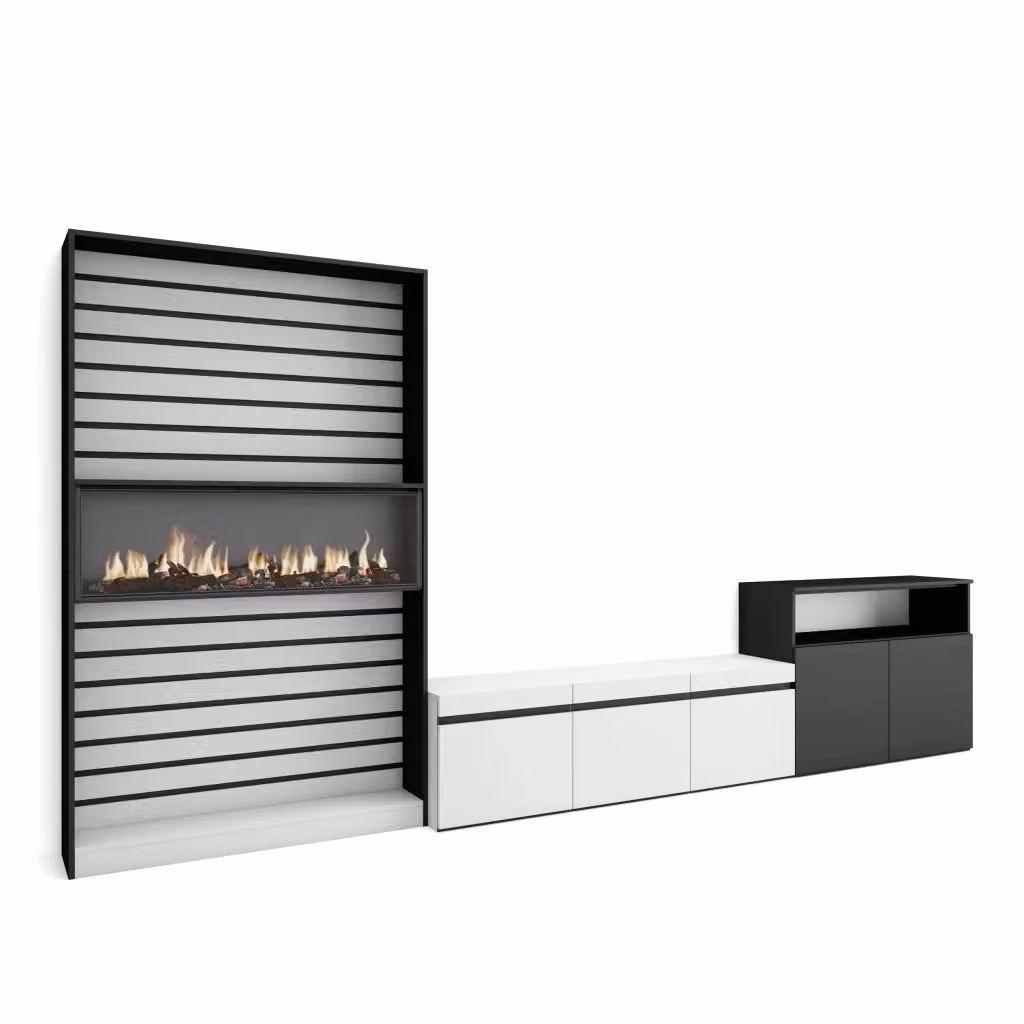 Mobile TV da soggiorno Skraut Home con camino elettrico e illuminazione integrata, Bianco e nero, L: 360 cm, P: 35 cm, H: 186 cm – 2