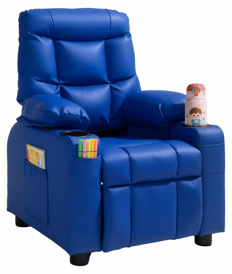 Poltrona per bambini - Poltrona reclinabile - Schienale regolabile da 107 a 126° - Con poggiapiedi - Con portabevande e tasche laterali - - Blu