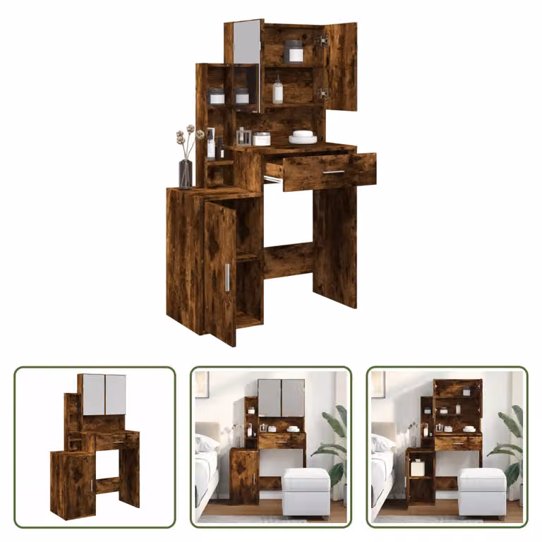 The Living Store Comodino con mobile in rovere fumé 80x35x132 cm