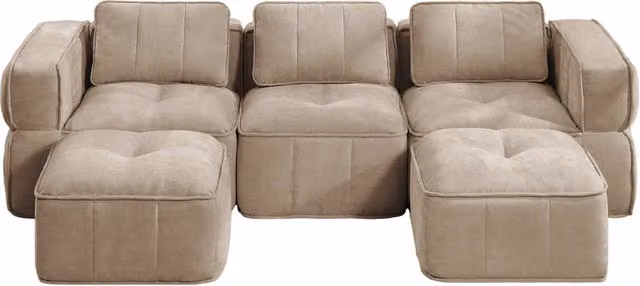 Divano modulare a U 3 posti con seduta profonda e pouf senza struttura in poliestere sabbia 271 × 162 × 67 cm