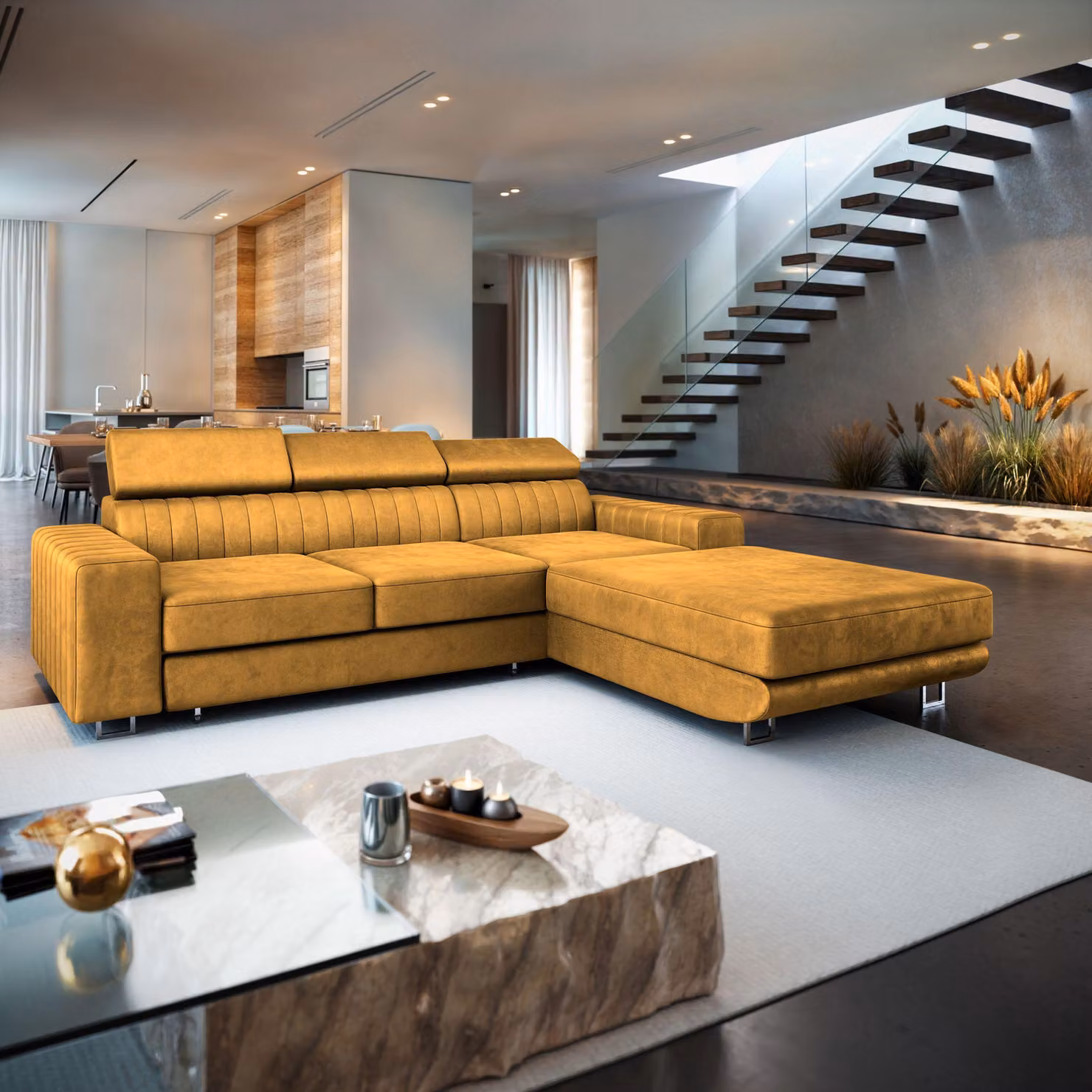 Divano angolare Masseno NOTO R-S con funzione letto a L, divano con box letto, divano da soggiorno, divano, divano letto, set di divani - giallo, MONOLITH 48