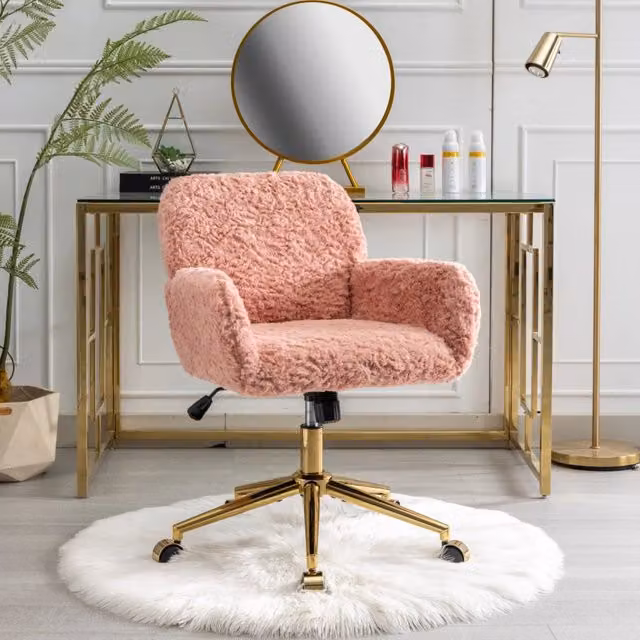 Sedia da trucco rosa con pelliccia sintetica, sedia da ufficio girevole a 360 gradi con braccioli e base in metallo – 1