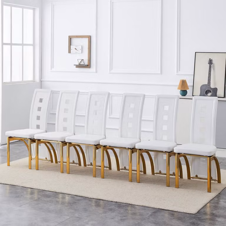 Set di 6 sedie da pranzo, motivo a fori, rivestimento in ecopelle, gambe in metallo, altezza 102,5 cm (bianco e oro)