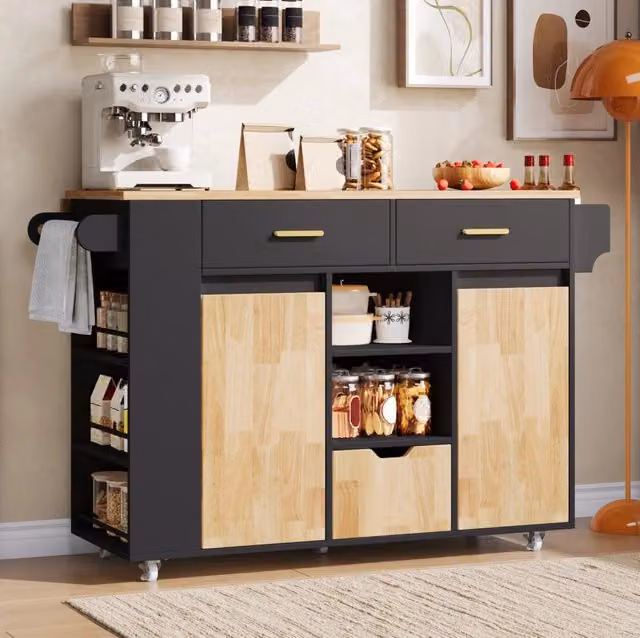 Isola cucina ULEVR 120x45(71)x90 cm con piano ribaltabile, 3 cassetti, ripiani laterali e ruote bloccabili