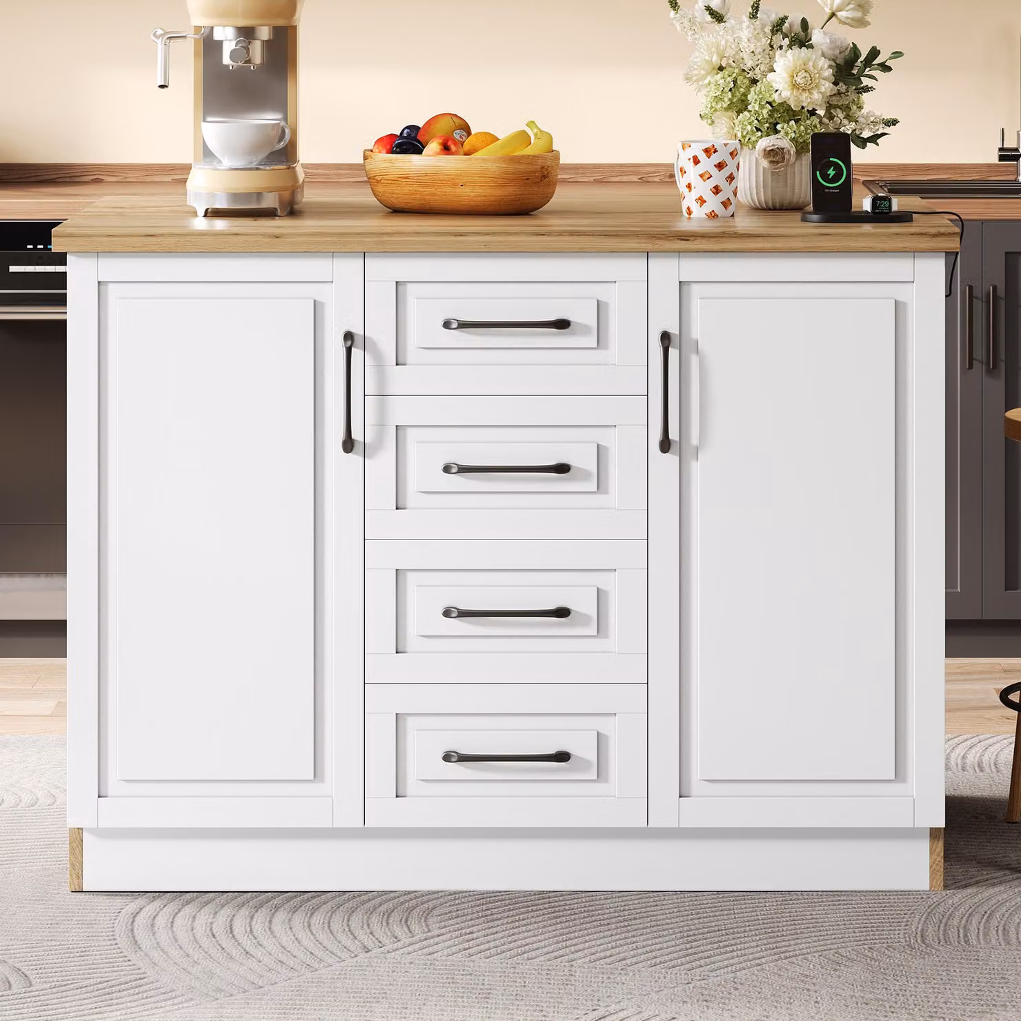 Isola da cucina Merax con 4 cassetti, mobile contenitore con ripiani regolabili, presa multipla con USB, design shaker, bianco e naturale