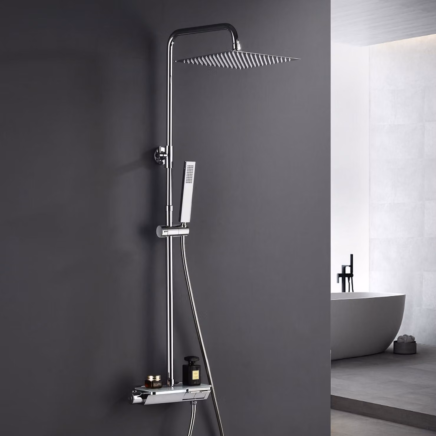 Set doccia a soffitto 20x20 cm con termostato, cromato, in acciaio inossidabile