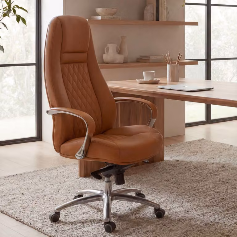FineBuy AUSTIN: sedia da ufficio in vera pelle color caramello, sedia da scrivania ergonomica, poltrona direzionale di classe, sedia girevole regolabile in altezza