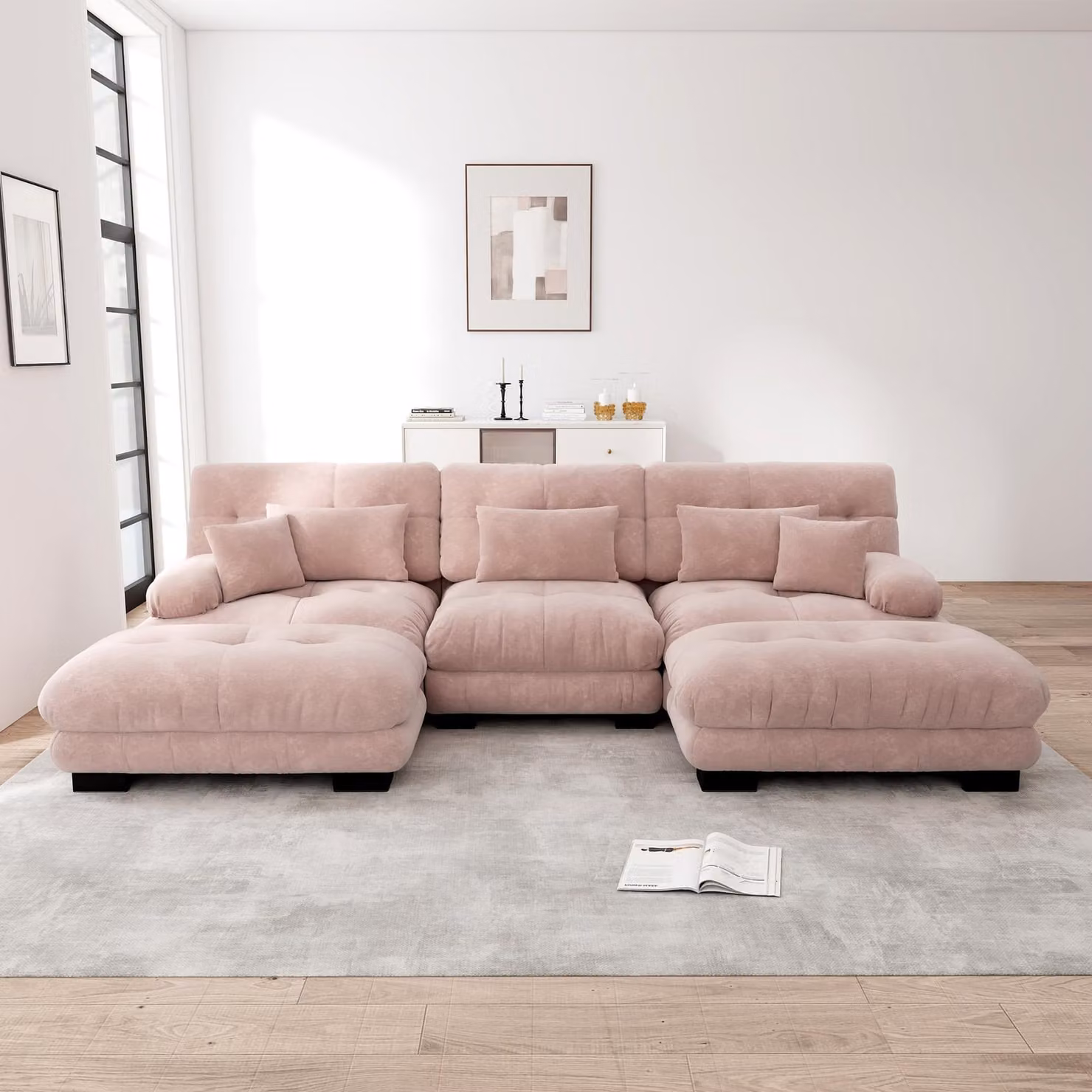 Divano angolare a forma di "L" in tessuto chenille, modello "Cloud Couch", con poggiapiedi, trasformabile in letto (rosa)