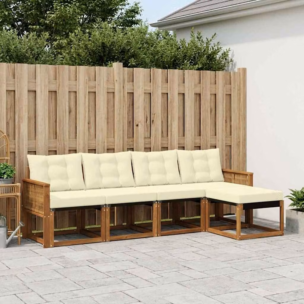 Set di divani da esterno vidaXL a forma di L composto da 5 pezzi in legno di acacia con cuscini in tessuto beige e bianco
