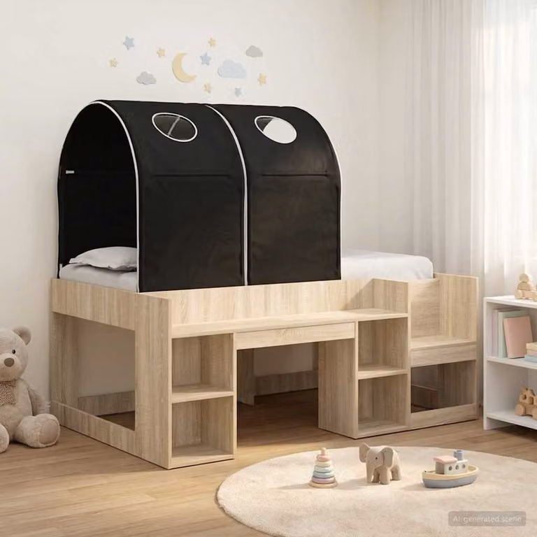 vidaXL Letto per bambini con tunnel in legno ingegnerizzato, Rovere e Nero, L: 120 cm, P: 108,5 cm, H: 163 cm