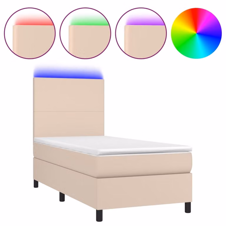 Giroletto Molle Materasso e LED Cappuccino 90x200 cm Pelle finta