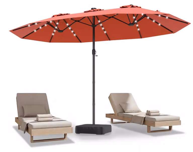 Ombrellone doppio COSTWAY 450x260 cm, ombrellone da giardino con base, illuminazione solare a LED e manovella, ombrellone XXL, ombrellone da terrazza UPF 50+ arancione