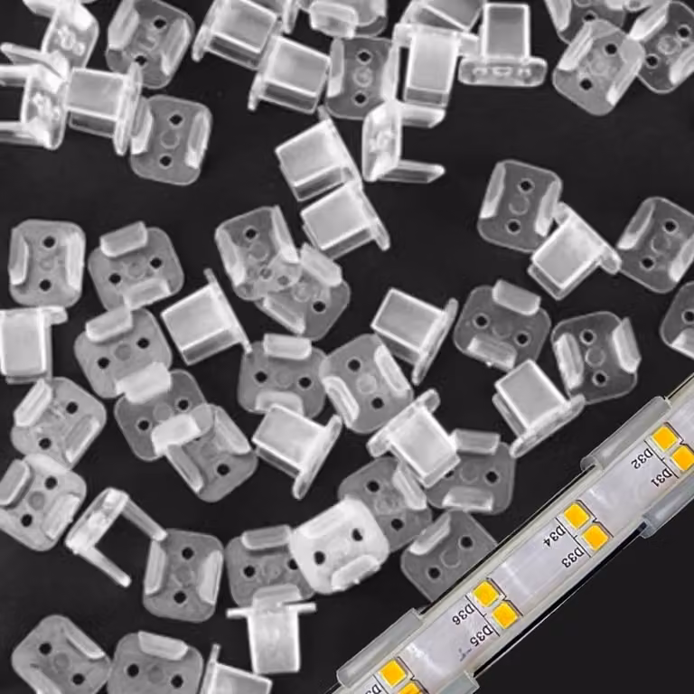 100 clip per corda, realizzate in PVC trasparente, ideali per l'illuminazione esterna a LED