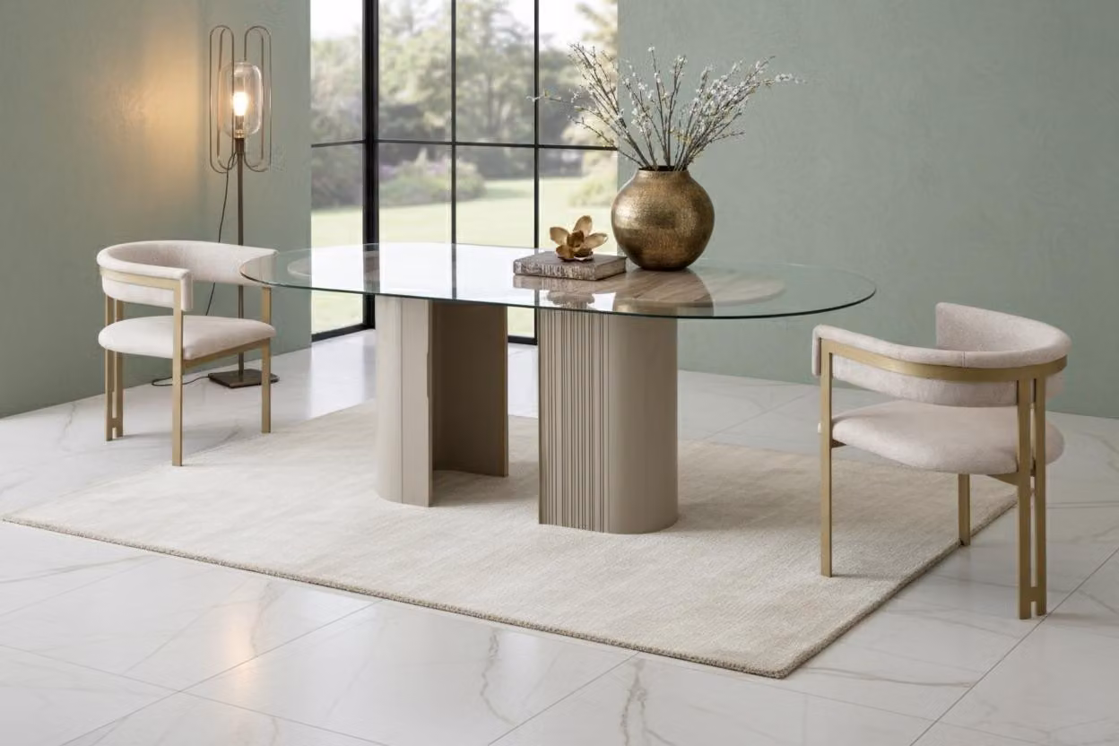 Elegante set da pranzo: tavolo da pranzo con piano in vetro e 2 sedie di design