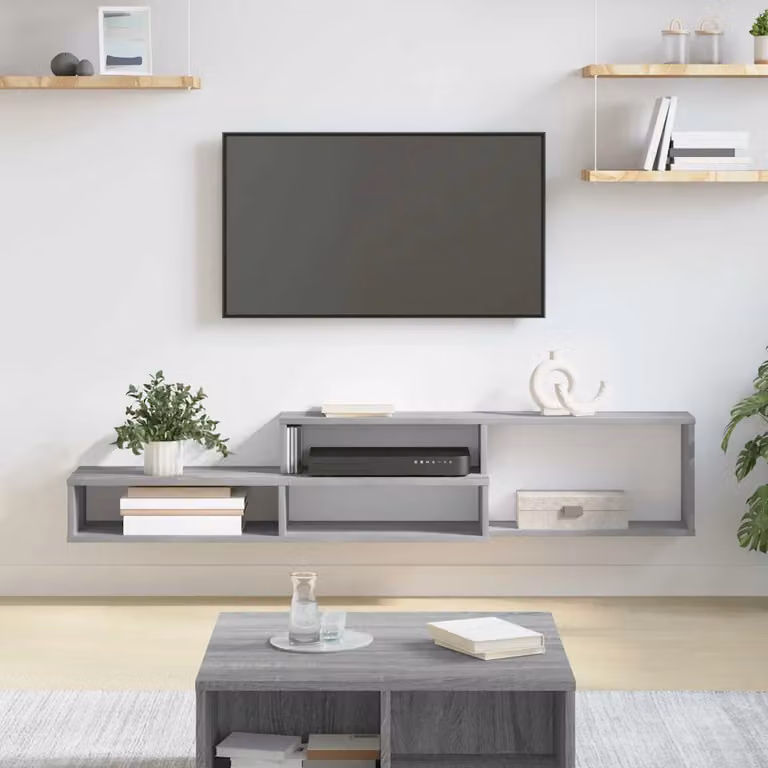 Supporto TV da parete moderno vidaXL in legno ingegnerizzato grigio L: 150 cm, P: 25 cm, H: 28,5 cm