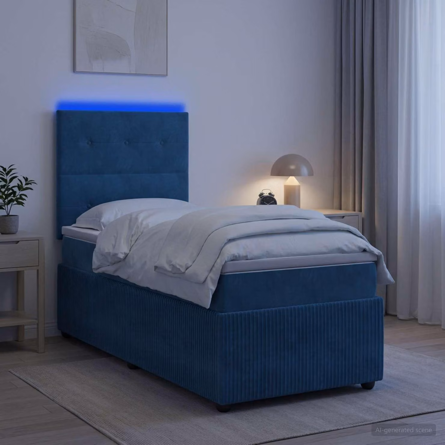 Letto contenitore con rete a molle LED, con materasso, colore blu, 100 x 200 cm, rivestito in velluto