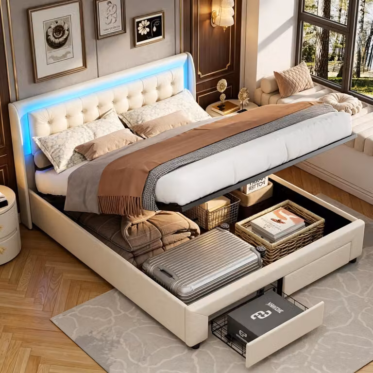 Letto idraulico con contenitore INONEFT 140x190 cm con 2 cassetti, letto matrimoniale imbottito con illuminazione a LED, velluto, beige