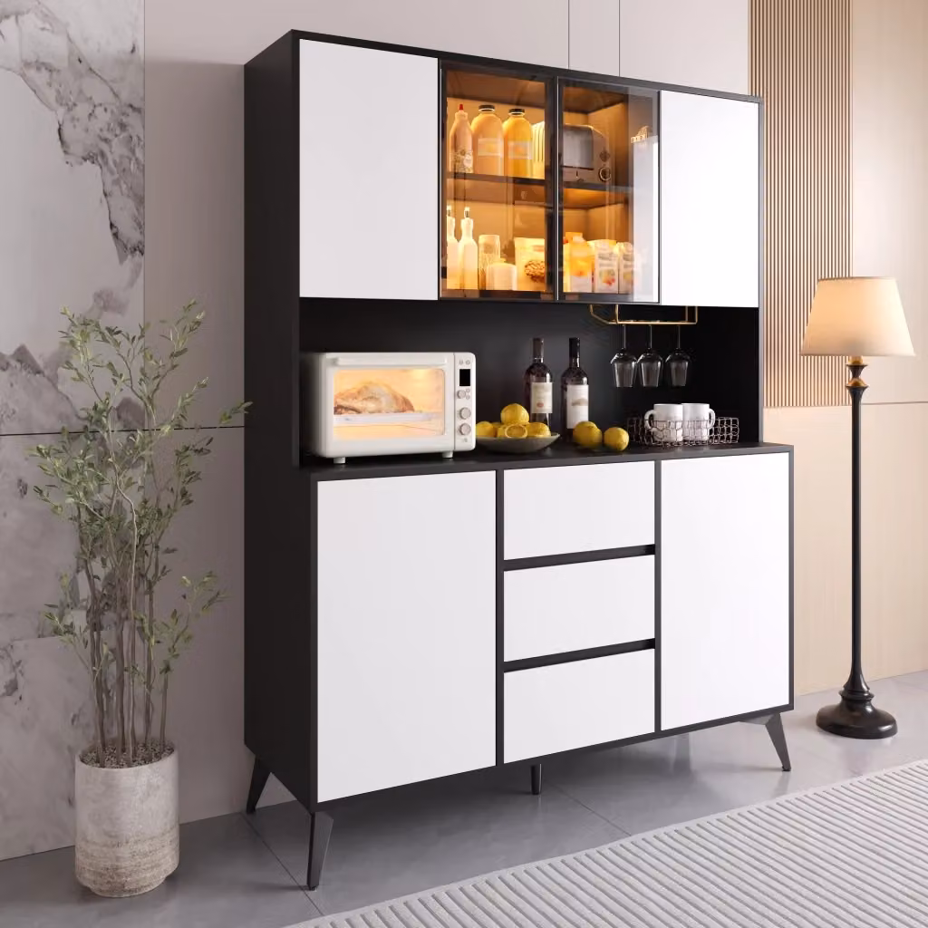 Colonna alta WISHDOR con vetrina in vetro, illuminazione integrata, 2 ante e 3 cassetti, in MDF nero e bianco, L/P/H: 40 x 55 x 160 cm – 2