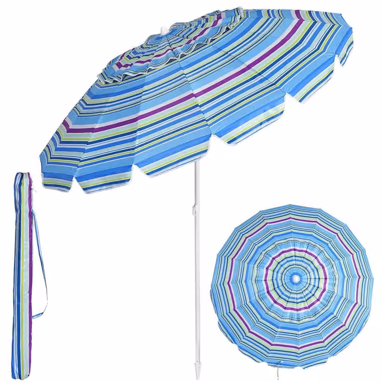 Ombrellone da spiaggia pieghevole, protezione UV 50+, azzurro chiaro, 200 cm, con custodia protettiva