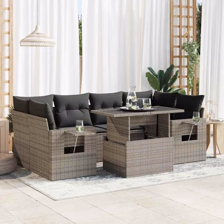 Set da giardino vidaXL composto da 7 pezzi con cuscini grigi in polyrattan e struttura in metallo con tavolino in vetro