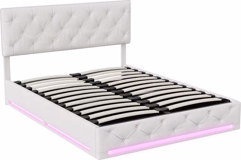 Letto Moonbite con contenitore, dimensioni 140x200 cm – LED RGB, testiera regolabile 31 cm, rete a doghe, tessuto, color beige