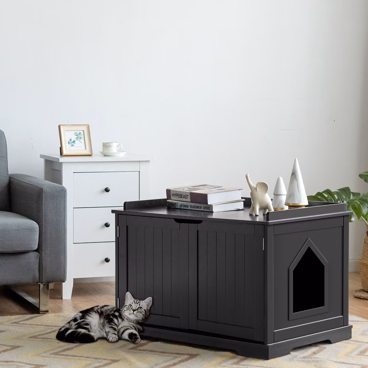 Casetta per gatti multifunzionale Costway in legno resistente, colore nero