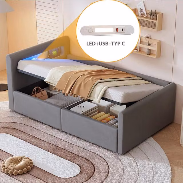 Letto bambino-Xylo-90x200 cm-LED, USB, idraulico, velluto grigio chiaro