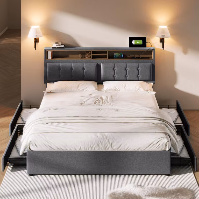Letto imbottito 140x200 cm con 4 cassetti, porte USB-C e USB, 2 prese di corrente, poggiatesta regolabile in altezza e struttura a listelli in legno, senza materasso
