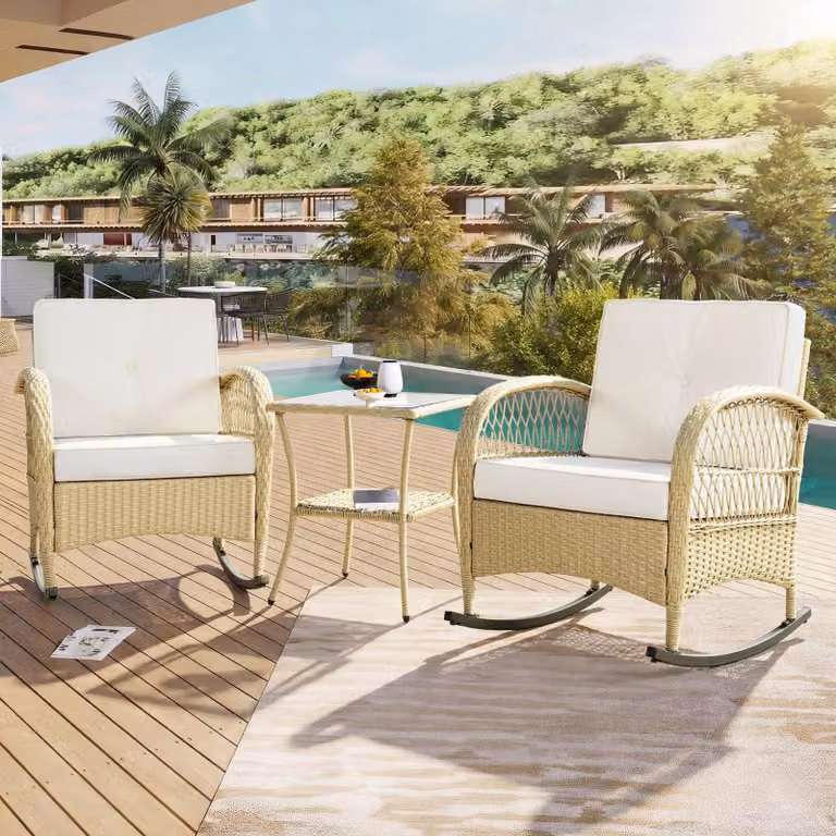 Set da balcone in rattan (3 pezzi), sedia a dondolo da balcone con cuscini beige, portata massima 160 kg