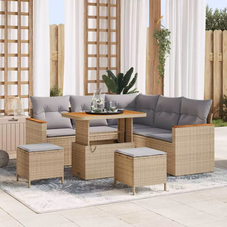 Set Divano da Giardino 8 pz vidaXL in Polyrattan Beige con Cuscini e Tavolino