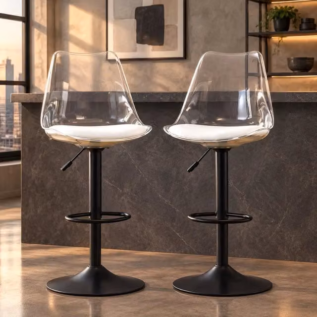 Set di 2 sgabelli da bar MIVRAY moderni con schienale trasparente e base in metallo nero, regolabili in altezza e girevoli a 360°