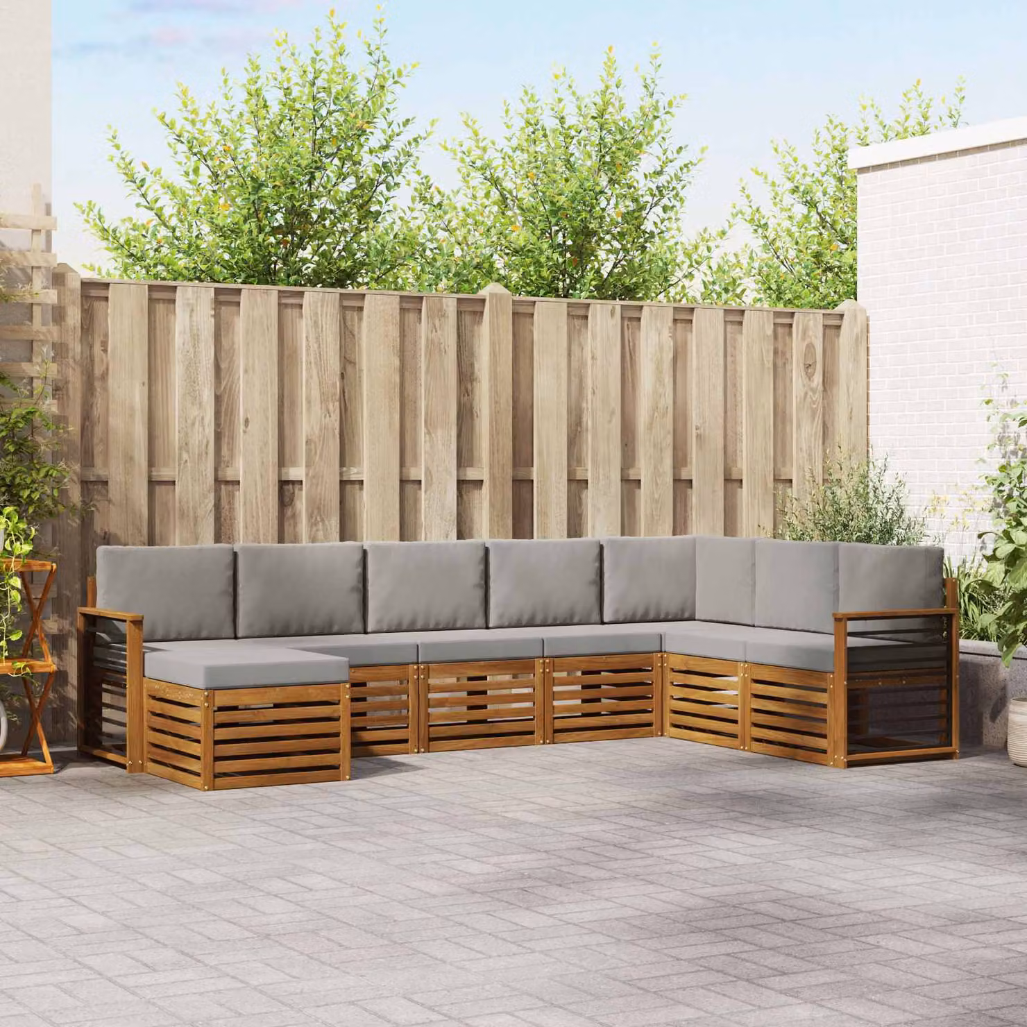 Set di divani da esterno vidaXL 8 pz in legno di acacia con cuscini, forma a L, colori beige, grigio e marrone