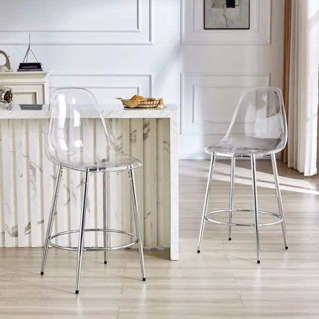 Set di 2 sgabelli da bar OKWISH trasparenti con schienale ergonomico e struttura in metallo argento per il tuo soggiorno