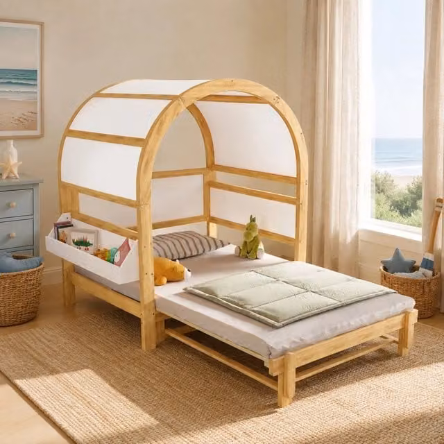 Letto per bambini estraibile a casetta con tetto arcuato 140x200 cm; legno massello e MDF; bianco/naturale