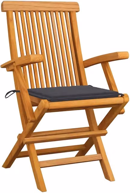 Set di 4 sedie da giardino in legno di teak con cuscini color antracite e braccioli