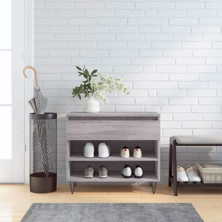 Scarpiera moderna vidaXL in legno e metallo grigio, sospesa a parete, L: 70 cm, P: 36 cm, H: 60 cm