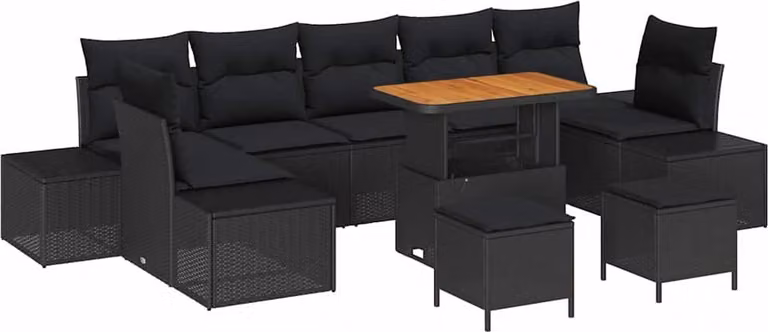 Set Divano da Giardino con cuscino 10 pcs Nero polyrattan