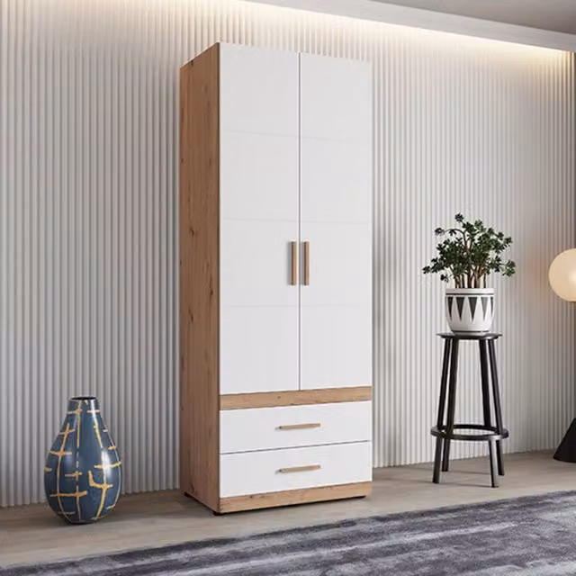 Armadio da camera da letto DMORA Tilcara con 2 ante, appendiabiti e cassetti, Bianco Opaco e Rovere, L: 79 cm, H: 208 cm